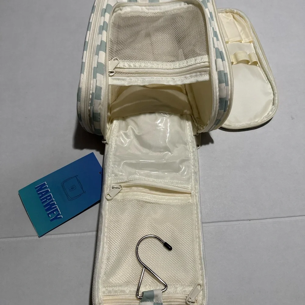 Checkered Travel Toiletry Bag - Green and White